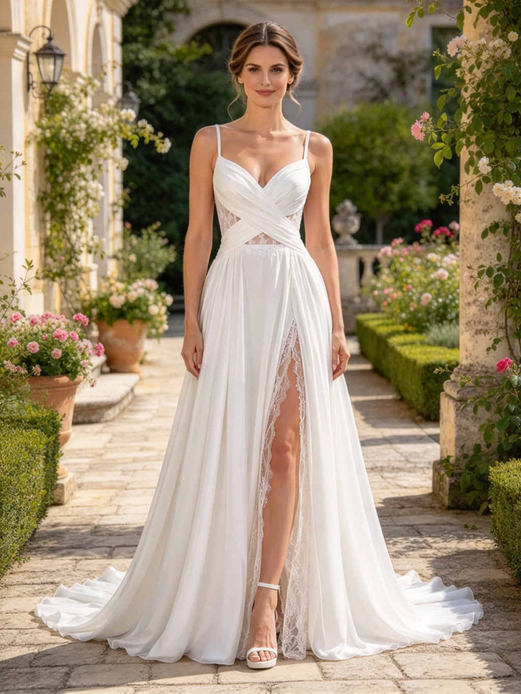 White Spaghetti Strap Cross Ruched Lace Slit Wedding Gown