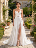 White Spaghetti Strap Cross Ruched Lace Slit Wedding Gown