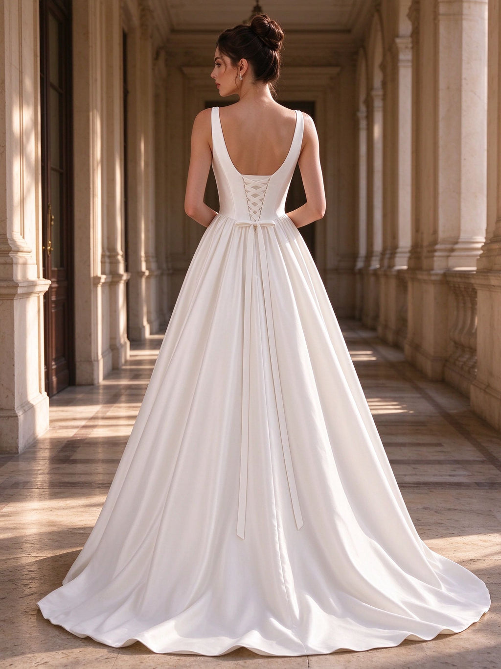 Ivory Satin Deep V Neck Wide Strap Ball Gown Wedding Dress