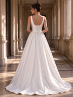Ivory Satin Deep V Neck Wide Strap Ball Gown Wedding Dress