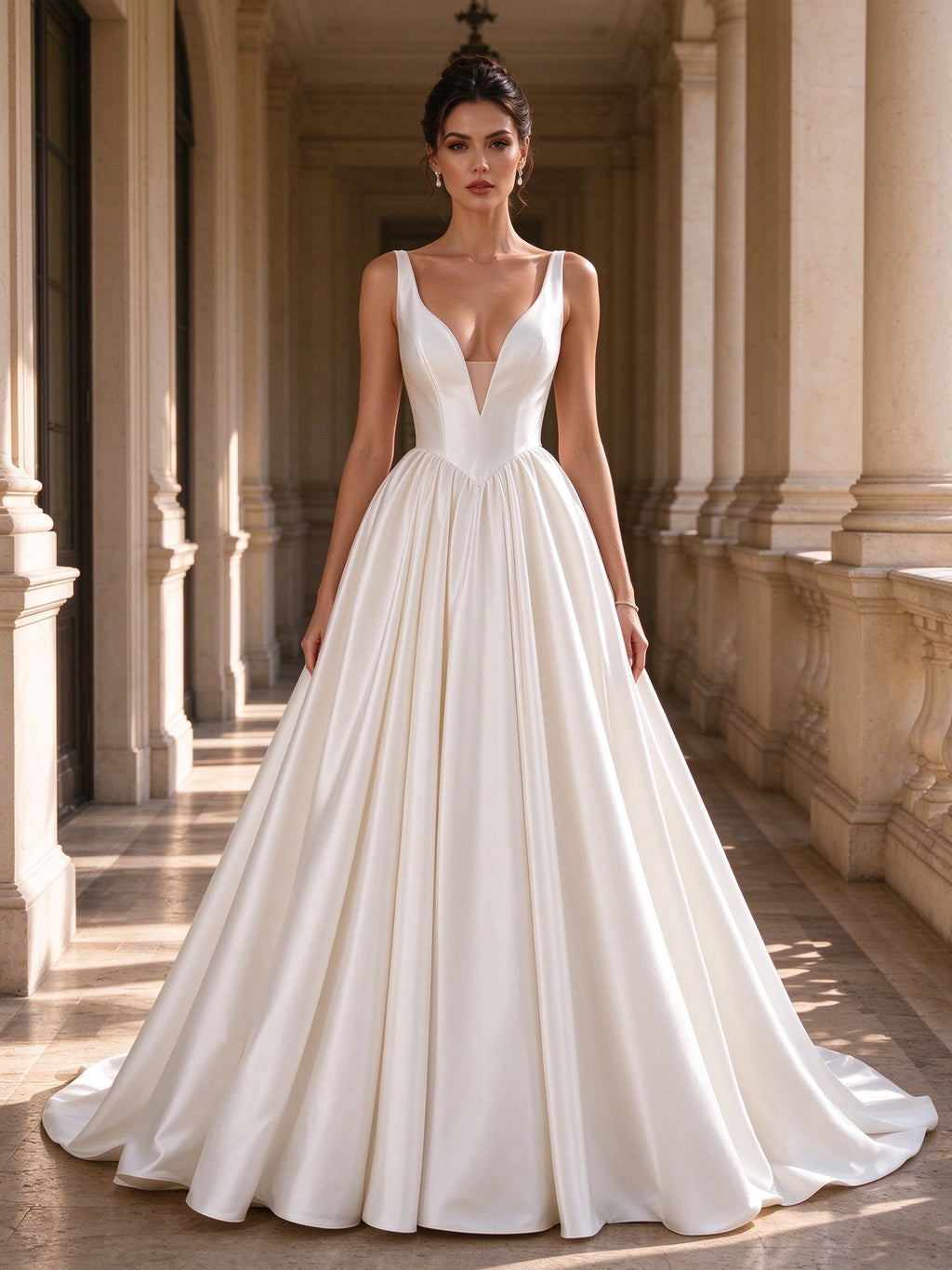 Ivory Satin Deep V Neck Wide Strap Ball Gown Wedding Dress