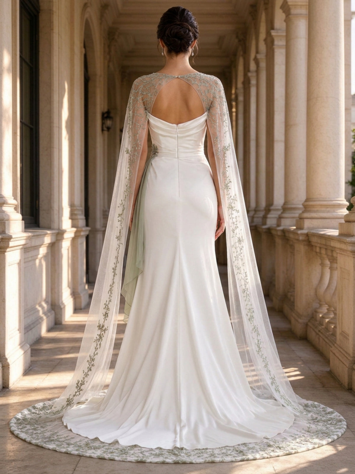 White Draped Bodice Green Vine Cape Mermaid Wedding Gown