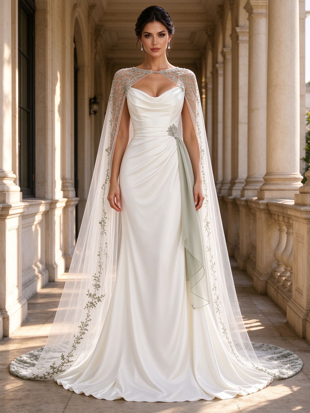White Draped Bodice Green Vine Cape Mermaid Wedding Gown