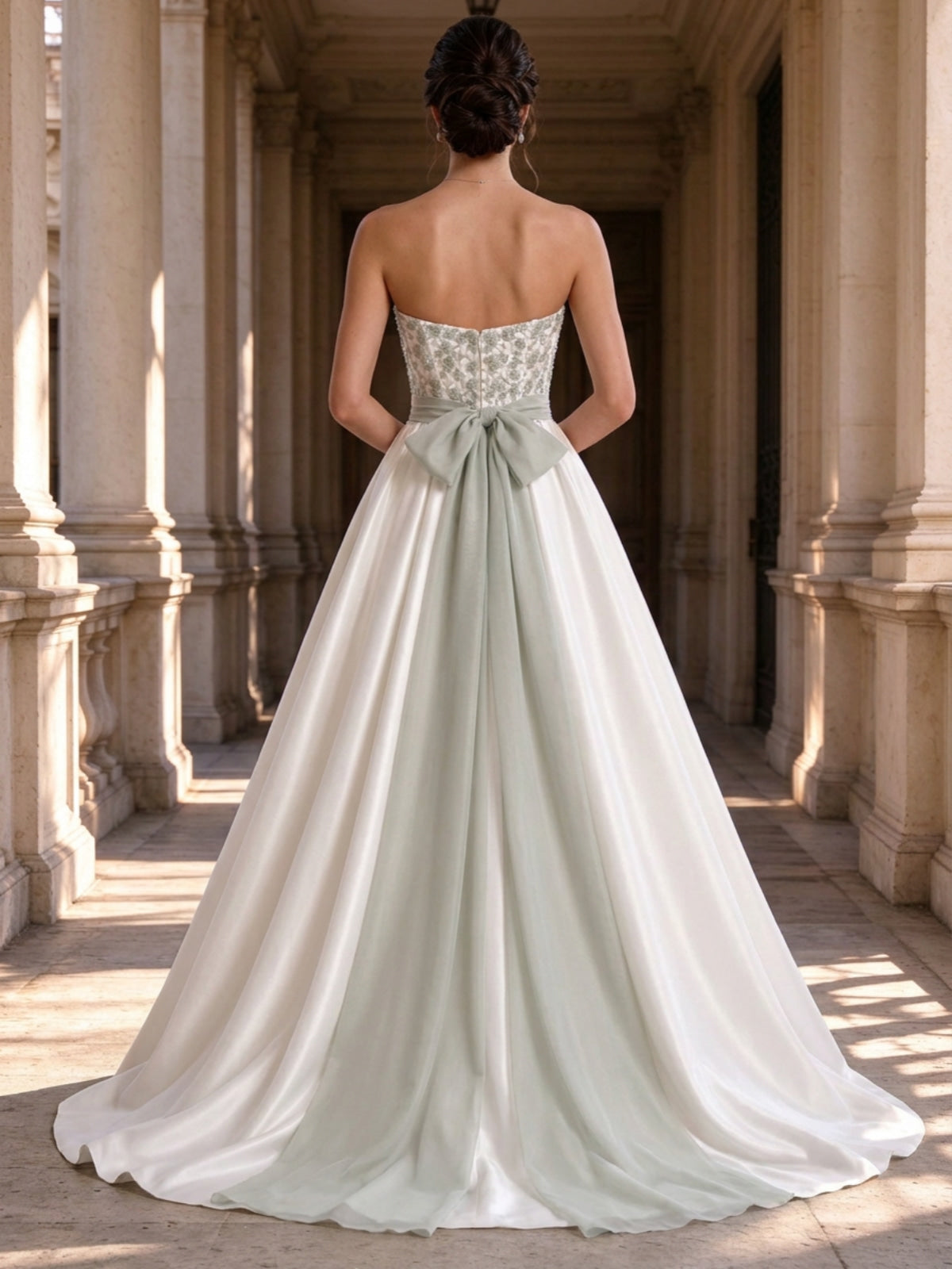 White Beaded Corset Sage Green Bow Ball Gown Wedding Dress
