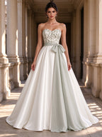 White Beaded Corset Sage Green Bow Ball Gown Wedding Dress