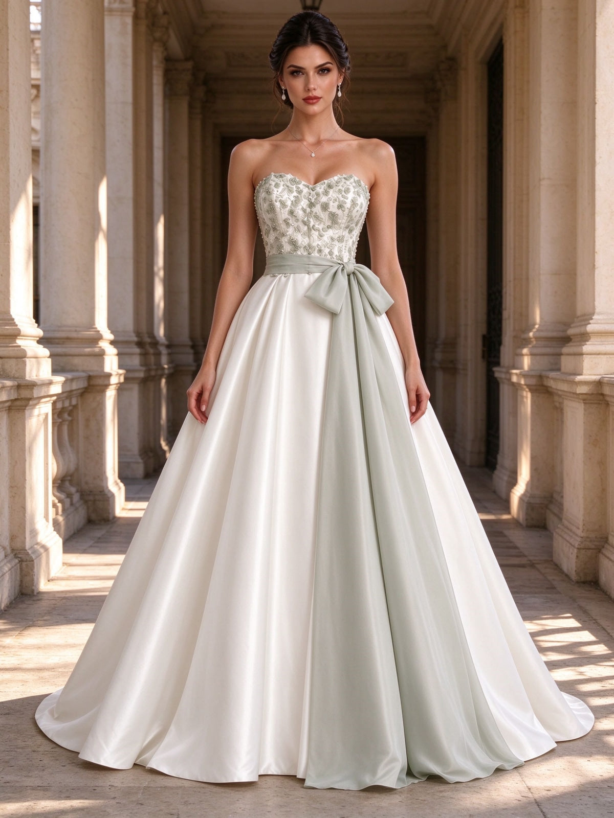 White Beaded Corset Sage Green Bow Ball Gown Wedding Dress
