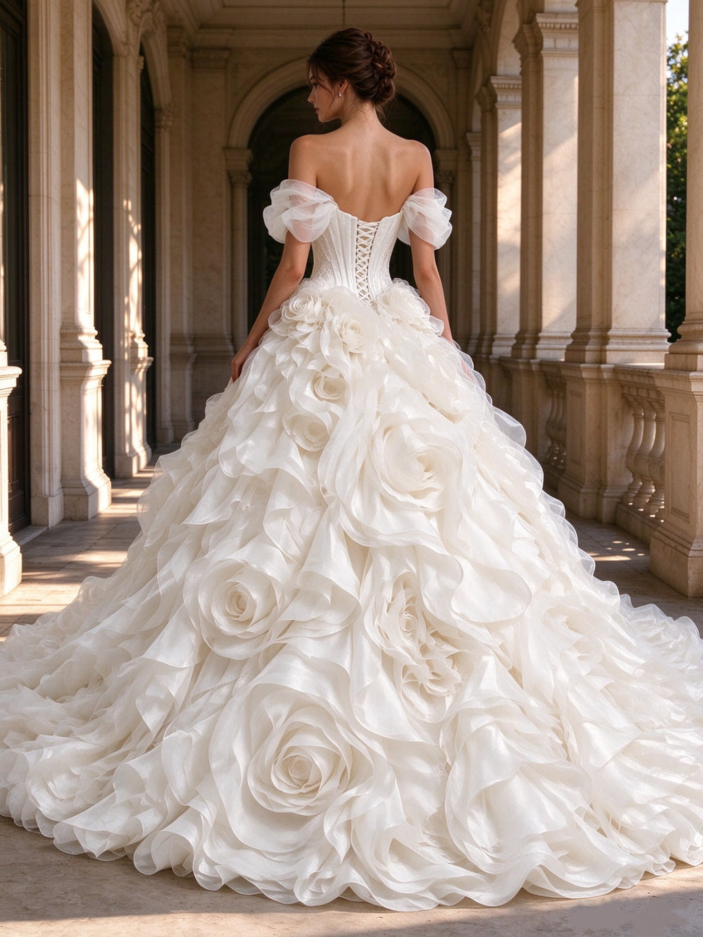 Off Shoulder Sweetheart Ruffled Rose Applique Ball Gown Wedding Dress