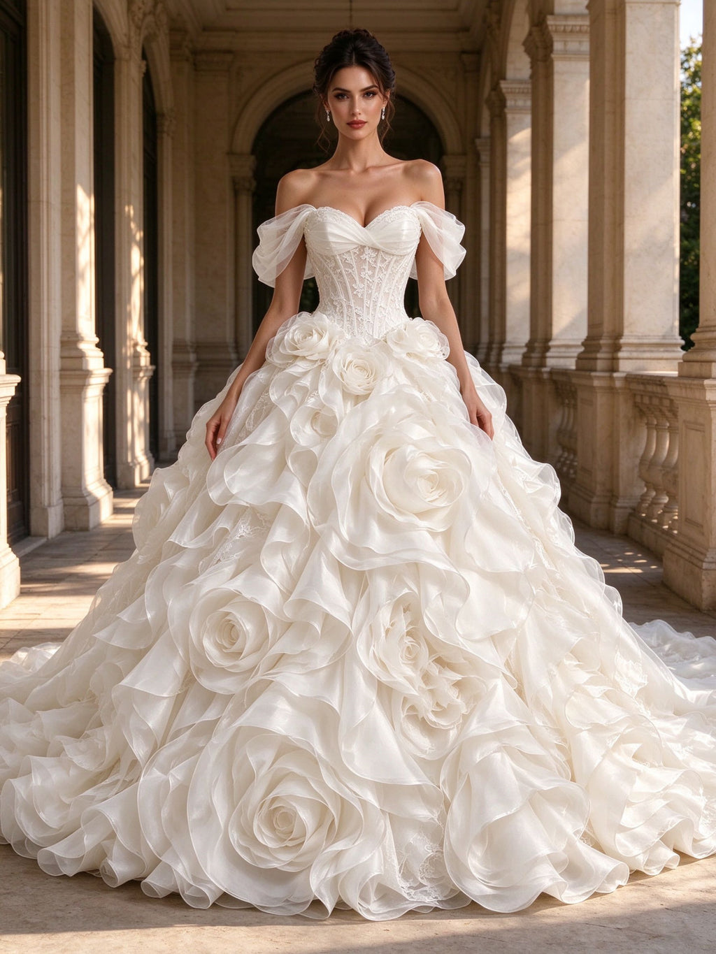 Off Shoulder Sweetheart Ruffled Rose Applique Ball Gown Wedding Dress