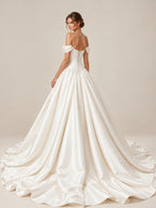 Off Shoulder Beaded Plunge Satin Ball Gown Wedding Dress