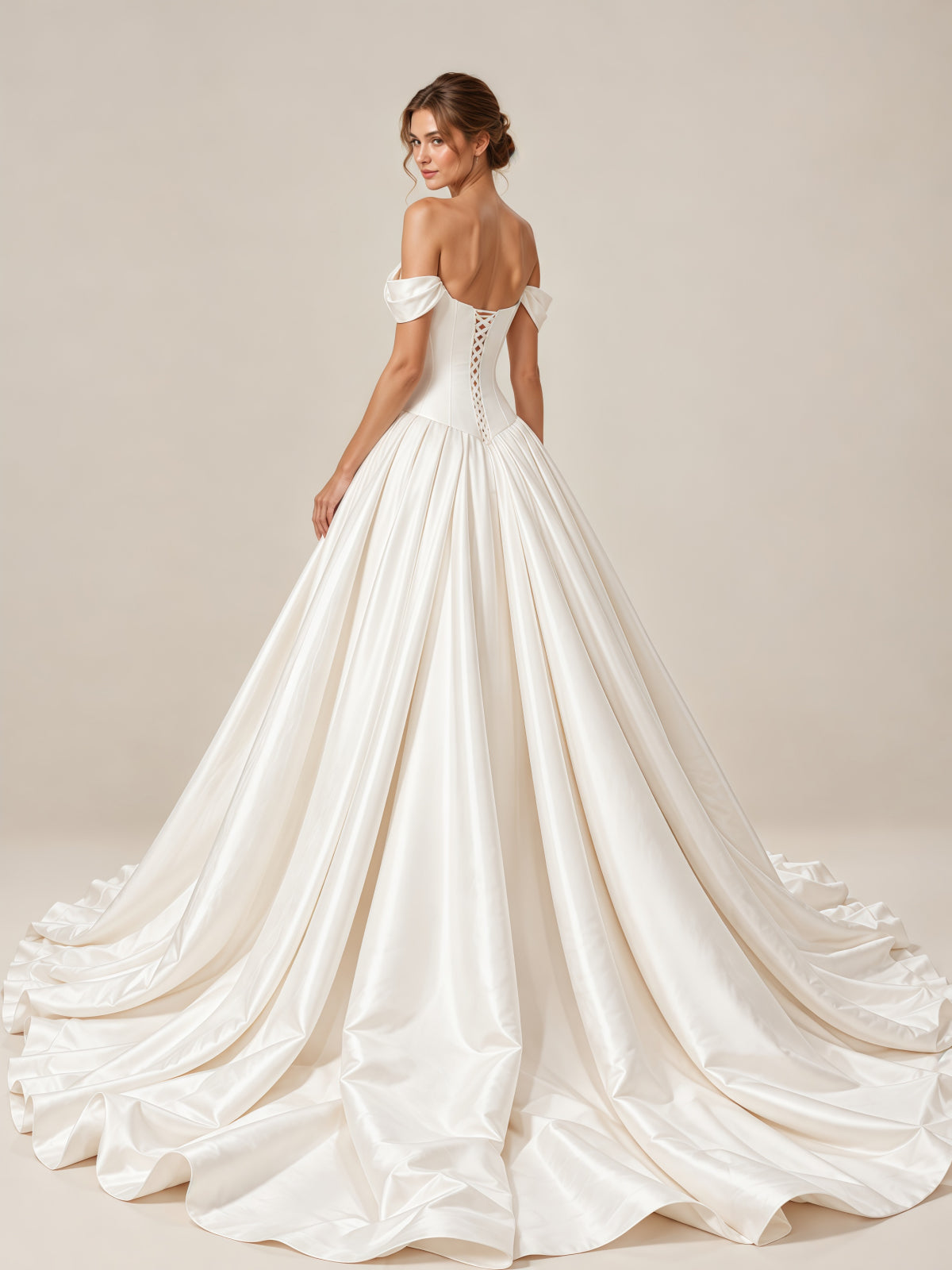 Off Shoulder Beaded Plunge Satin Ball Gown Wedding Dress