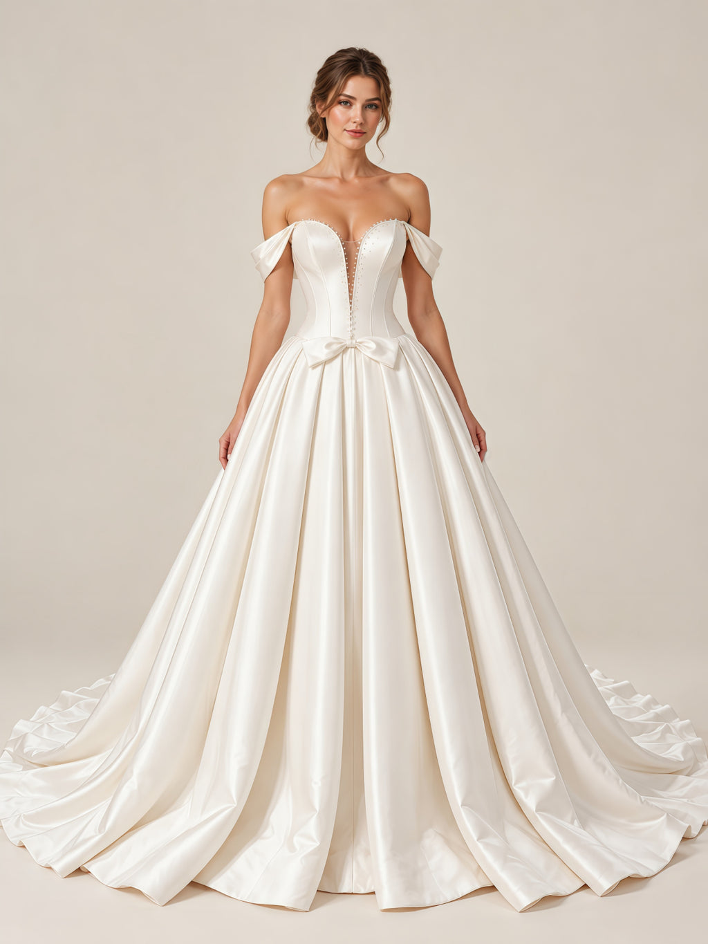 Off Shoulder Beaded Plunge Satin Ball Gown Wedding Dress