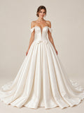 Off Shoulder Beaded Plunge Satin Ball Gown Wedding Dress
