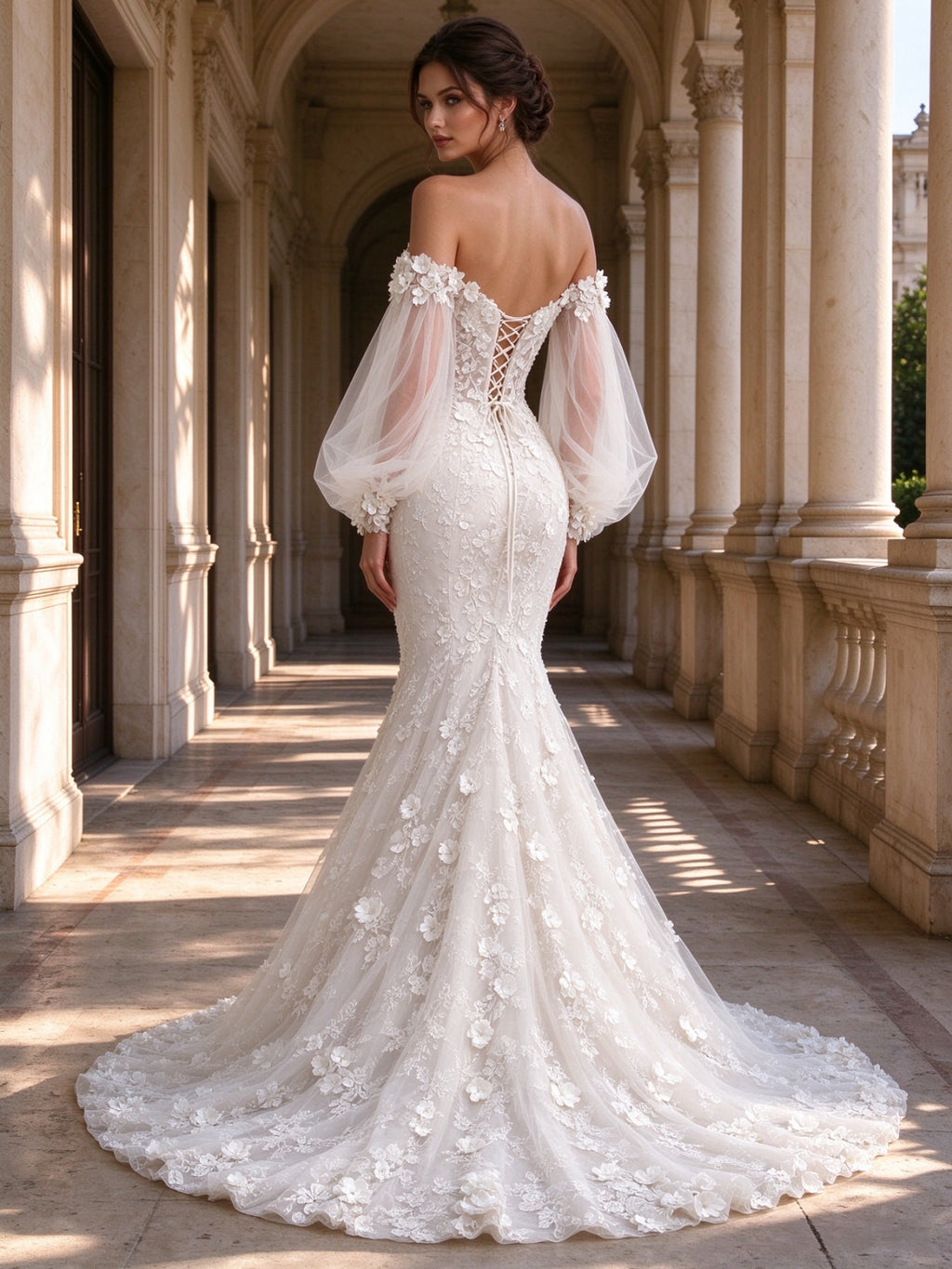 Off Shoulder Sweetheart 3D Floral Applique Mermaid Wedding Dress