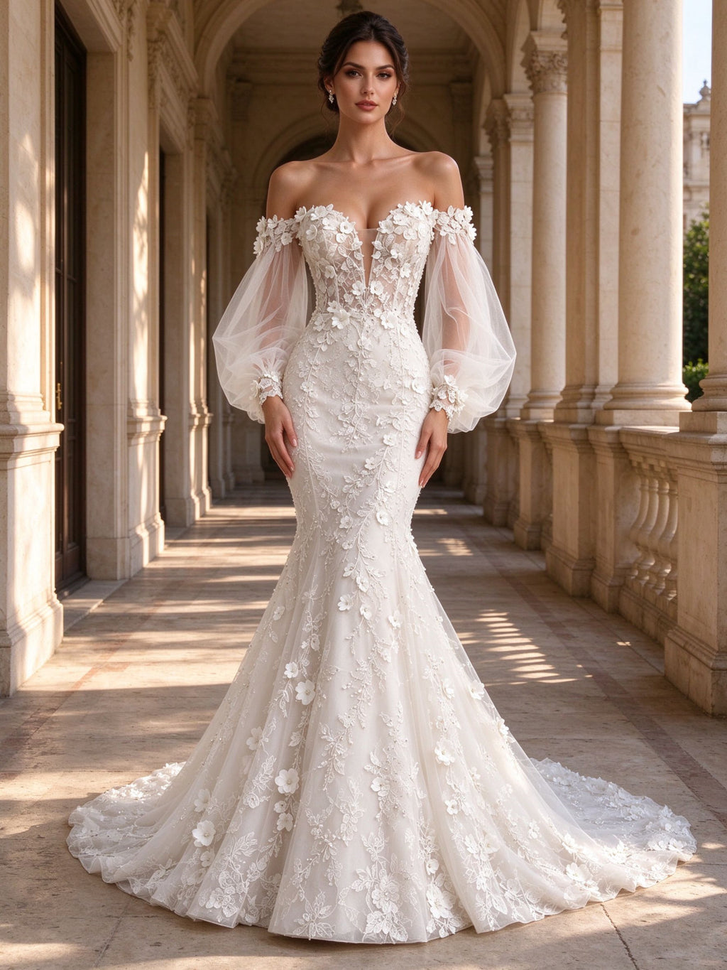 Off Shoulder Sweetheart 3D Floral Applique Mermaid Wedding Dress