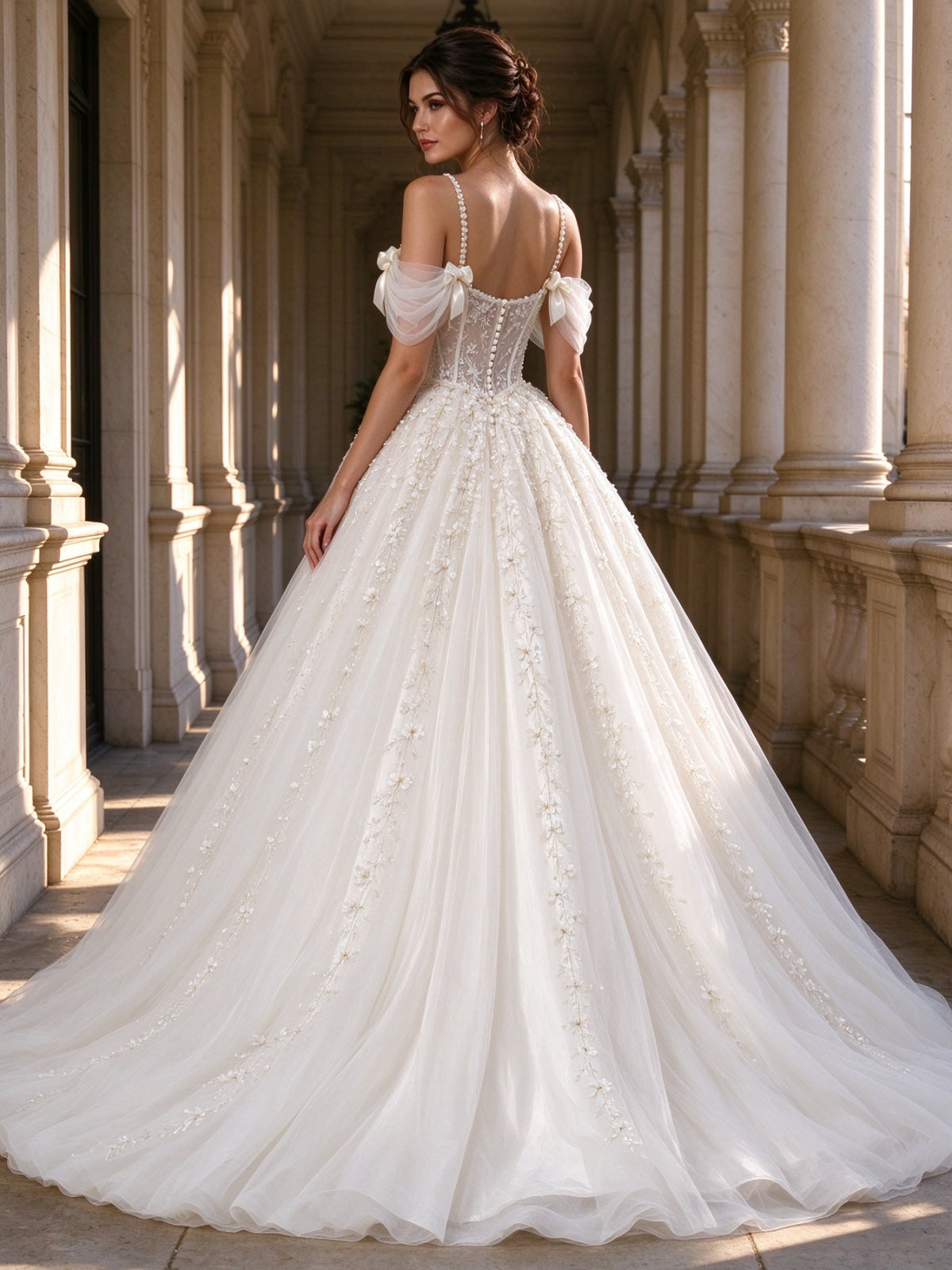 Pearl Beaded Spaghetti Strap Sweetheart Floral Ball Gown Wedding Dress