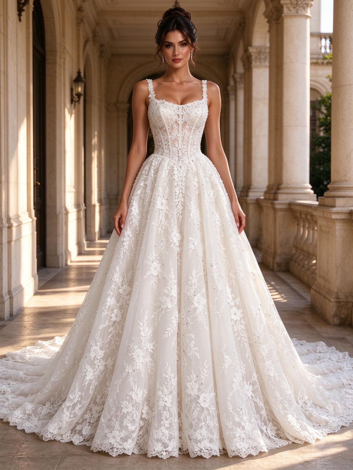 Square Neckline Beaded Lace Applique Ball Gown Wedding Dress