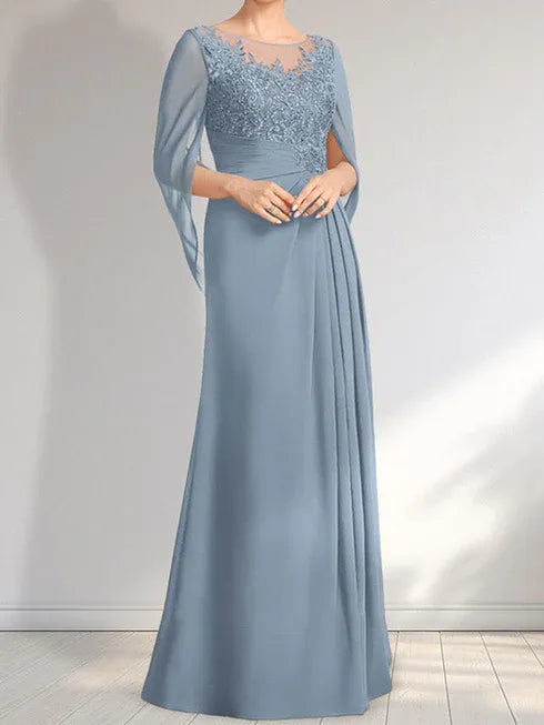 A-Linien Rundhals Illusions bodenlanges Spitzen-Chiffon Kleid für die Brautmutter mit plissierten Pailletten