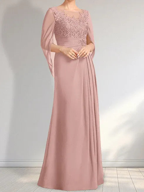 A-Linien Rundhals Illusions bodenlanges Spitzen-Chiffon Kleid für die Brautmutter mit plissierten Pailletten