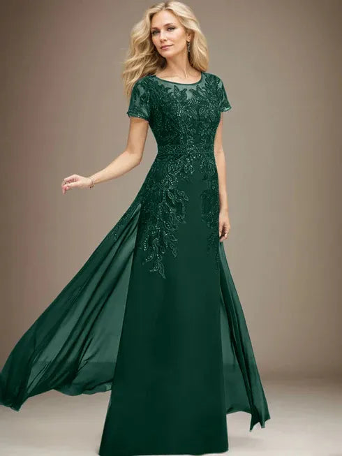 Etui/Säulen Rundhals Illusionsbodenlanges Spitzen-Chiffonkleid für die Brautmutter mit Pailletten