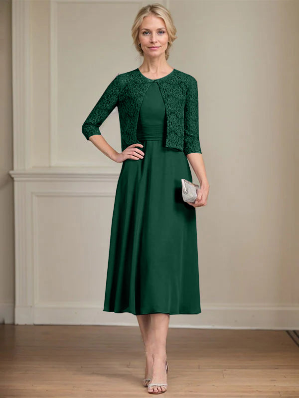 A-Linien Rundhals Tee-Länge Chiffon Kleid für die Mutter der Braut mit Falten