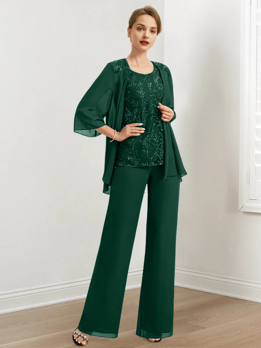 Chiffon Hosenanzüge für die Brautmutter mit Pailletten und Jacke