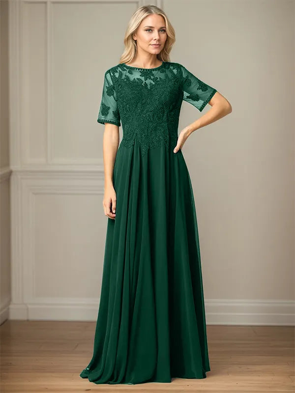 A Line Chiffon Scoop Neck Short Sleeves Floor Length Mother of the Bride Dresses