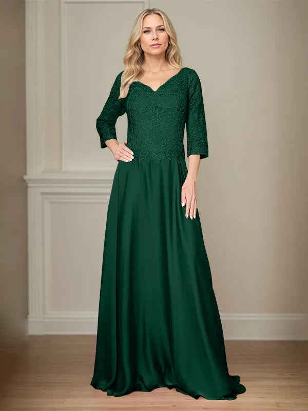 A Line Chiffon V Neck 3/4 Sleeves Floor-Length Mother Of The Bride Dress With Appliques