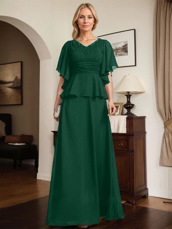 A-Linien Chiffon-Mutter-der-Braut-Kleid mit V-Ausschnitt, bodenlang, plissierte Perlenverzierung