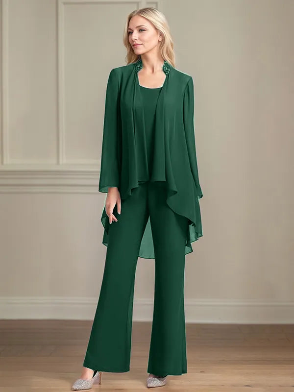 Chiffon Kleid mit Rundhalsausschnitt, langen Ärmeln, bodenlang, Hosenanzug für die Brautmutter