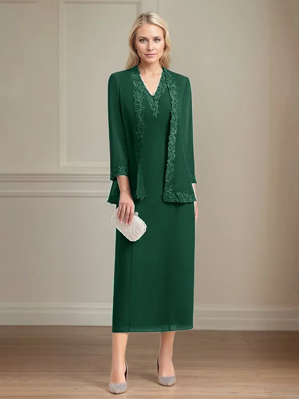 Etui/Column Chiffon V-Ausschnitt 3/4 Ärmel Tea-Length Kleid für die Mutter der Braut