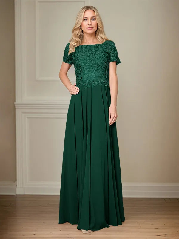 A Line Chiffon Boat Neck Short Sleeves Floor Length Pleated Mother of the Bride Dresses