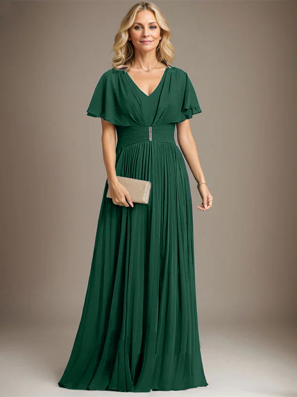 A-Linien V-Ausschnitt Bodenlanges Chiffon Brautmutterkleid mit Kristallbrosche und Plisseefalten