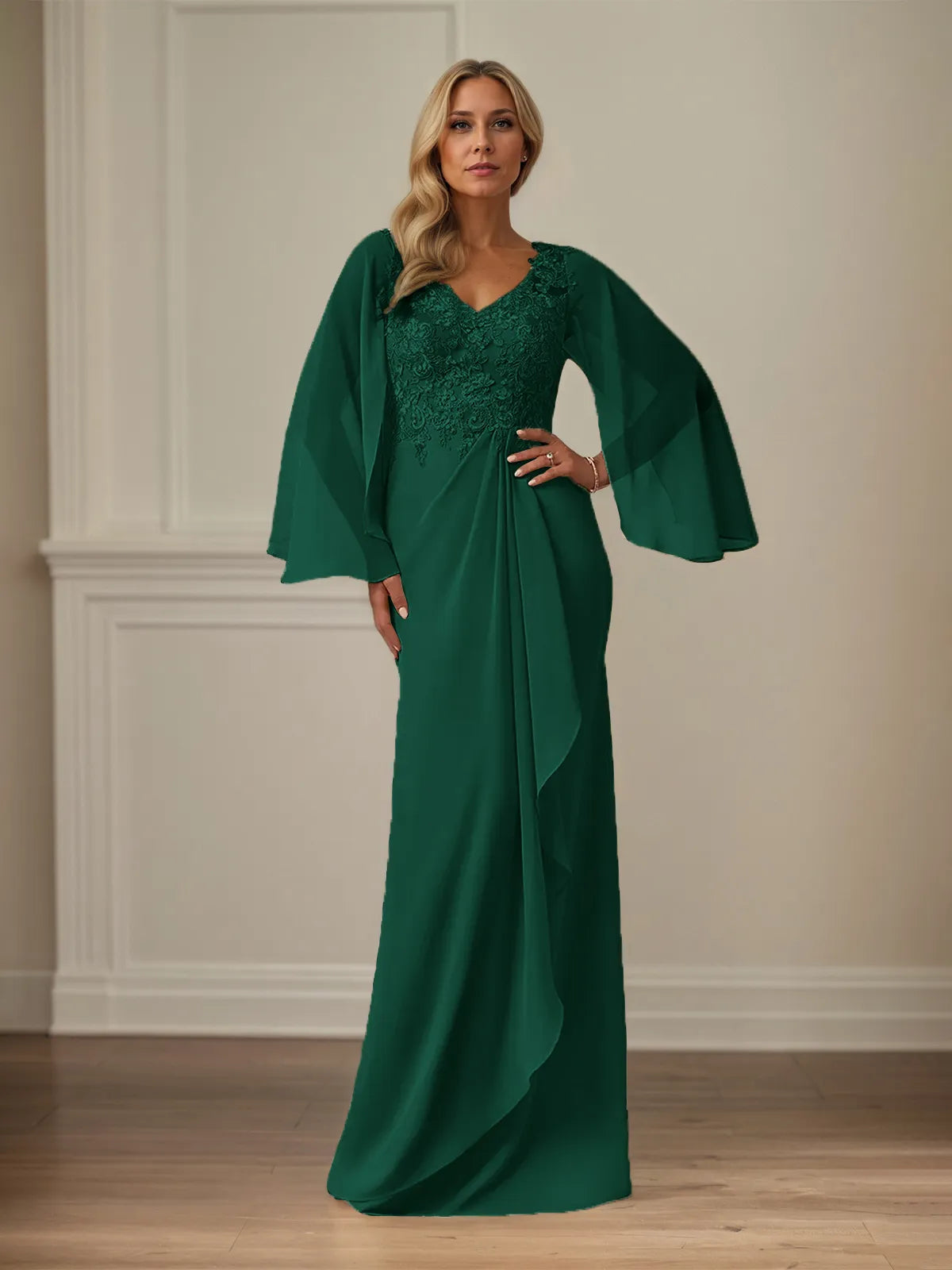 Etui/Kolumnen Chiffon V-Ausschnitt Langarm Bodenlanges Brautmutterkleid mit Applikationen