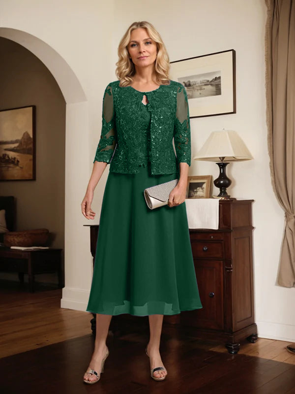 A-Linien Spitzen-Chiffon-Brautmutterkleid mit V-Ausschnitt, tea-length, mit Pailletten