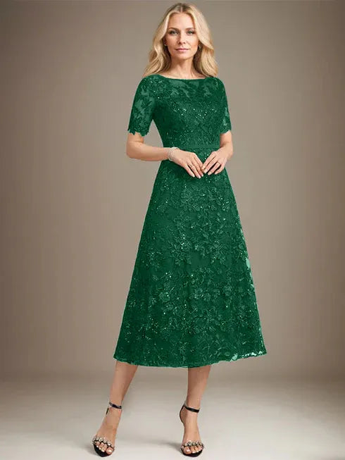 A-Linien Rundhals Illusions-Tea-Length Spitzenkleid der Brautmutter mit Pailletten
