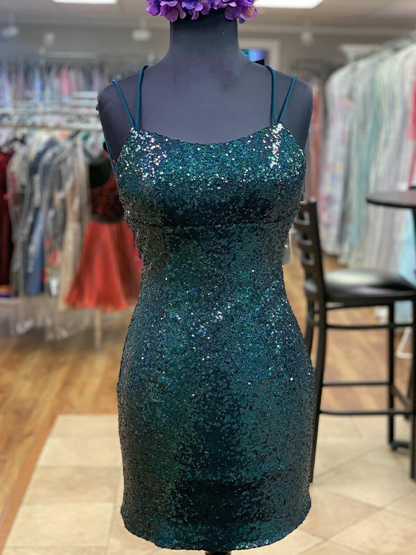 Spaghettiträger Pailletten eng anliegendes kurzes Abschlussballkleid