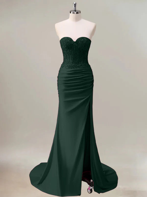 Dark Green Mermaid Strapless Ruched Corset Long Prom Dress With Slit
