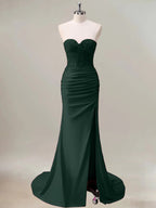 Dark Green Mermaid Strapless Ruched Corset Long Prom Dress With Slit