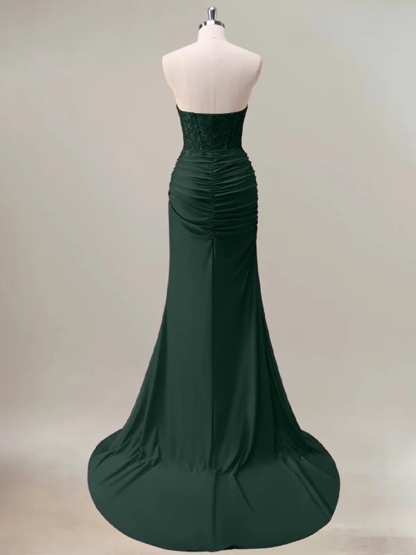 Dark Green Mermaid Strapless Ruched Corset Long Prom Dress With Slit