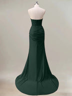Dark Green Mermaid Strapless Ruched Corset Long Prom Dress With Slit