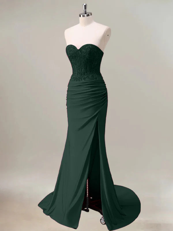 Dark Green Mermaid Strapless Ruched Corset Long Prom Dress With Slit