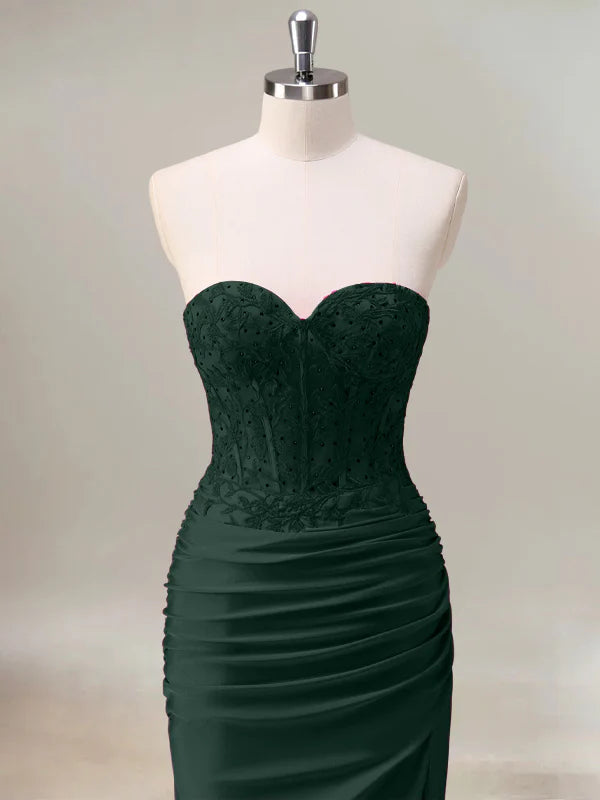 Dark Green Mermaid Strapless Ruched Corset Long Prom Dress With Slit