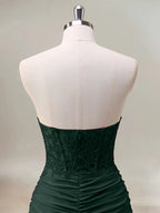 Dark Green Mermaid Strapless Ruched Corset Long Prom Dress With Slit