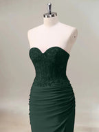 Dark Green Mermaid Strapless Ruched Corset Long Prom Dress With Slit