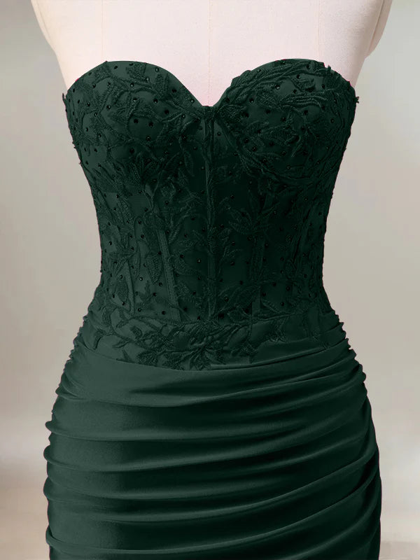 Dark Green Mermaid Strapless Ruched Corset Long Prom Dress With Slit