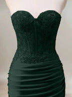 Dark Green Mermaid Strapless Ruched Corset Long Prom Dress With Slit