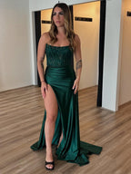 Dark Green Mermaid Strapless Appliques Long Prom Dress with Slit