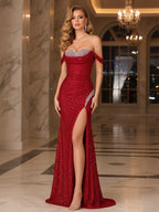 Dark Red Crystal Off-the-Shoulder Corset Prom Dress with Slit