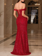 Dark Red Crystal Off-the-Shoulder Corset Prom Dress with Slit