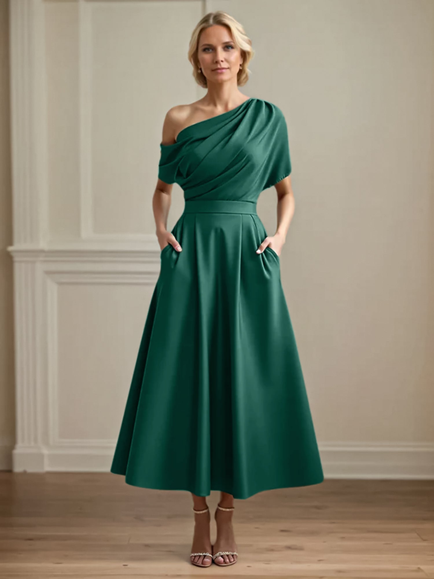 A Line Satin One Shoulder Pleated Ankle Length Mother of the Bride Dress